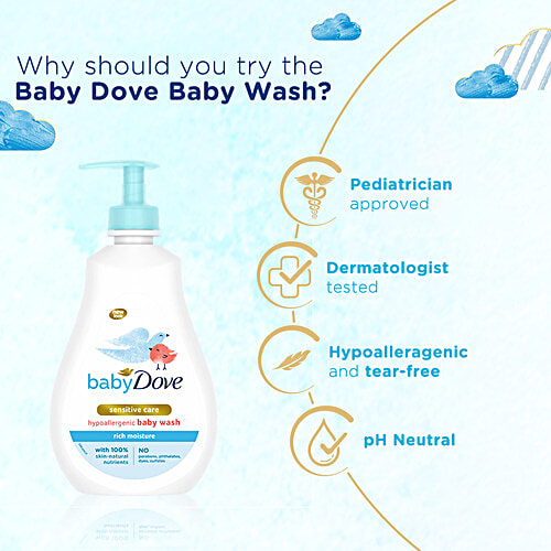 Baby Dove Rich Moisture Hypoallergenic Wash - Sensitive Care, Natural, No Parabens, 400 ml  No Sulfates, Parabens, Phthalates