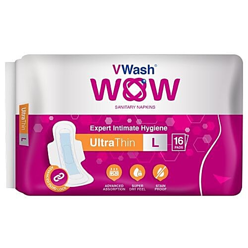 VWash Wow Ultra Thin Sanitary Napkin - Large, 16's pack  Advanced Absorption, Stain Proof
