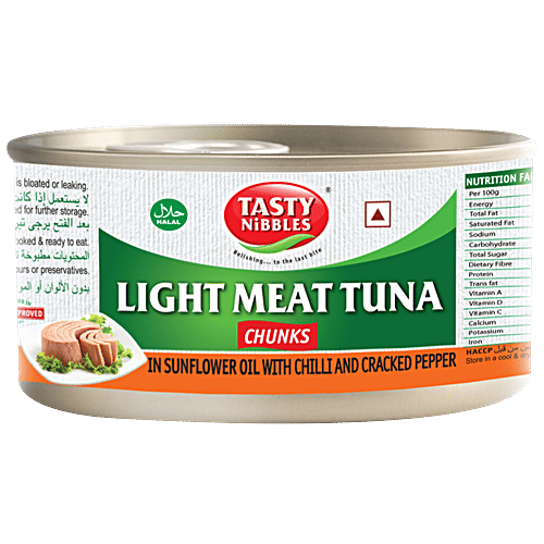 Tasty Nibbles Tuna Chunks - Light Meat, in Sunflower Oil, with Chilli & Cracked Pepper, 185 g Canned light meat tuna chunks with  sunflower oil as base and flavoured with chilli & cracked pepper Rich in Omega 3