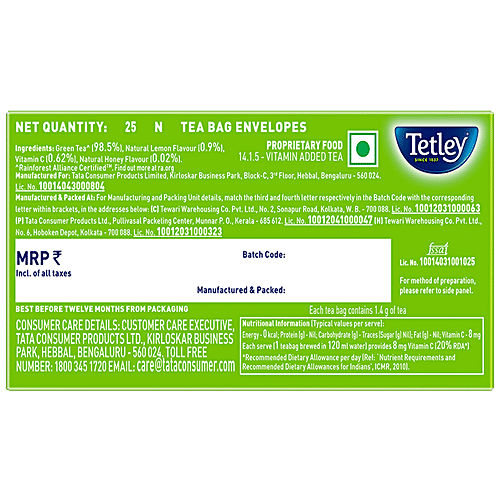 Tetley Green Tea Immune With Added Vitamin C, Lemon & Honey, 37.5 g (25 Bags x 1.5 g each) 