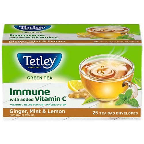 Tetley Green Tea - Immune With Added Vitamin C, Ginger, Mint & Lemon, 50 g (25 Bags x 2 g each) 