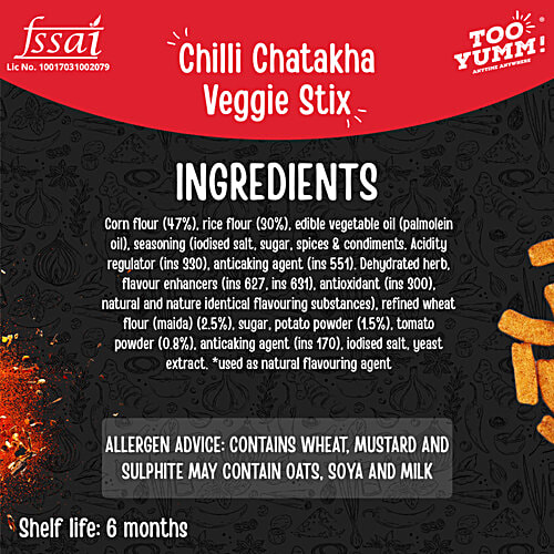 Too Yumm! Chili Chataka Flavour Veggie Stix Namkeen, 21 g Protein Goodness, 40% Less Fat
