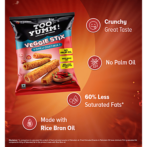 Too Yumm! Chili Chataka Flavour Veggie Stix Namkeen, 45 g  Zero Trans Fat & Zero Cholesterol
