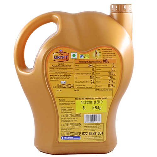 Oryfit Physically Refined Rice Bran Oil - Fortified with Vitamin with A, D & E, 5 L  Oryzanol Enriched
