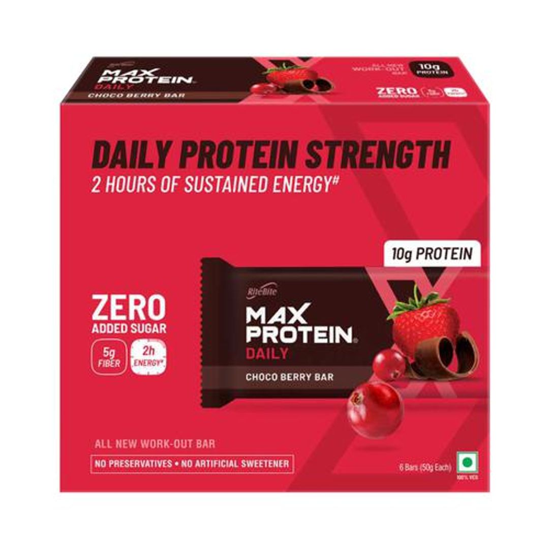 RiteBite Max Protein Bars Choco Berry, 10 g Protein Bar - Sugar Free Healthy Protein Snacks, 50 g (Pack of 6)