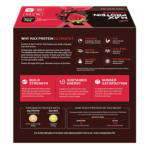 RiteBite Max Protein Bar Ultimate Choco Berry 30gm Protein Bar, Sugar Free Healthy Protein Snacks, 100 g (Pack of 6) Zero Added Sugar, No Preservatives & Artificial Sweetener