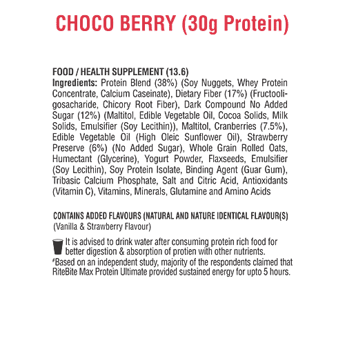 RiteBite Max Protein Bar Ultimate Choco Berry 30gm Protein Bar, Sugar Free Healthy Protein Snacks, 100 g (Pack of 6) Zero Added Sugar, No Preservatives & Artificial Sweetener