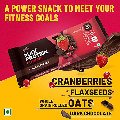 RiteBite Max Protein Bar Ultimate Choco Berry 30gm Protein Bar, Sugar Free Healthy Protein Snacks, 100 g (Pack of 6) Zero Added Sugar, No Preservatives & Artificial Sweetener