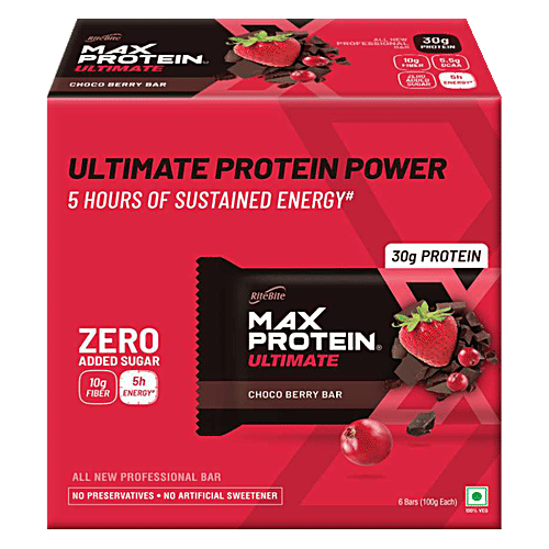 RiteBite Max Protein Bar Ultimate Choco Berry 30gm Protein Bar, Sugar Free Healthy Protein Snacks, 100 g (Pack of 6) Zero Added Sugar, No Preservatives & Artificial Sweetener