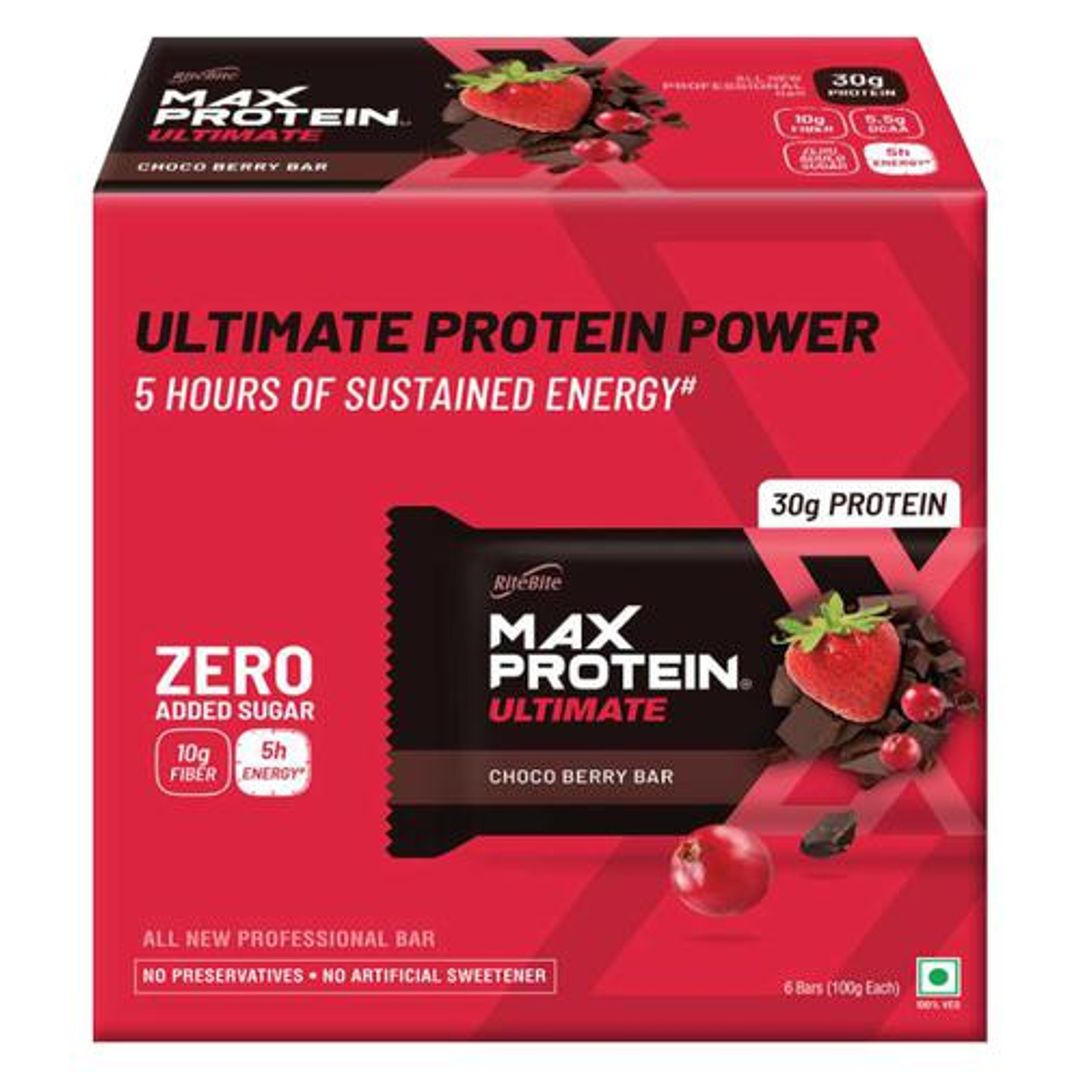 RiteBite Max Protein Bar Ultimate Choco Berry 30gm Protein Bar, Sugar Free Healthy Protein Snacks, 100 g (Pack of 6)