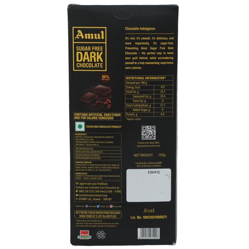 Amul Sugar Free Dark Chocolate - 55% Rich In Cocoa, 150 g  