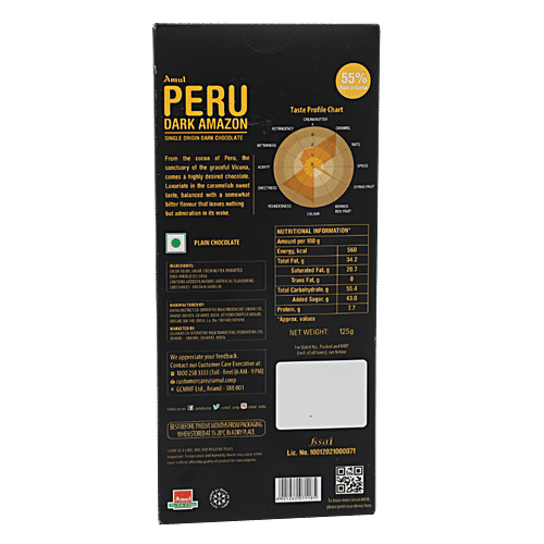 Amul Peru Dark Amazon, Single Origin Dark Chocolate - 55%, 125 g  