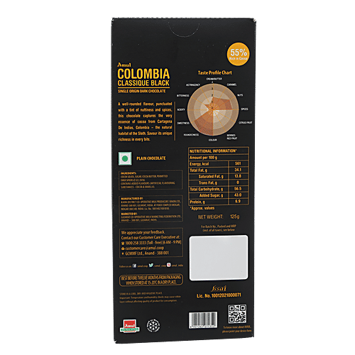 Amul Colombia Classique Black, Single Origin Dark Chocolate - 55% Dark, 125 g  