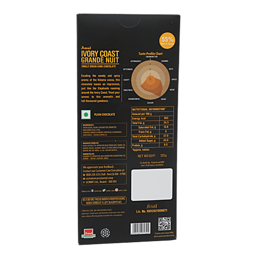Amul Ivory Coast Grande Nuit Single Origin Dark Chocolate - 55% Rich in Cocoa, 125 g  Zero Trans Fat