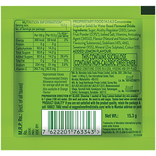 Tang Instant Drink Mix - Lemon, 15.3 g  No Artificial Flavour