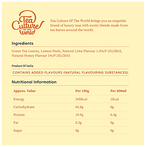 Tea Culture Of The World Green Tea - Refreshing Lemon Honey, 2 g (16 Bags x 2 g Each) Zero Fat