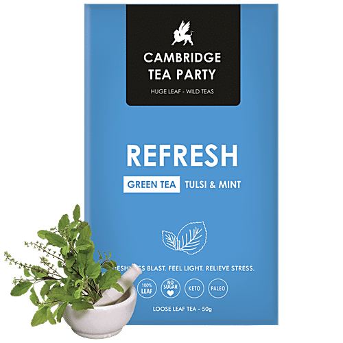 Cambridge Tea Party Refresh - Tulsi Mint Green Tea, Whole Leaf Loose Tea, Refreshing Aroma & Flavour, 50 g Box Zero Cholesterol