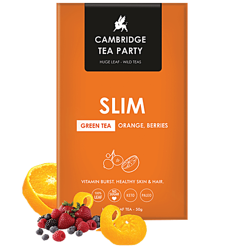 Cambridge Tea Party Slim - Orange Berries Green Tea, Whole Leaf Loose Tea, Refreshing Aroma & Flavour, 50 g Box Nitrogen-flushed