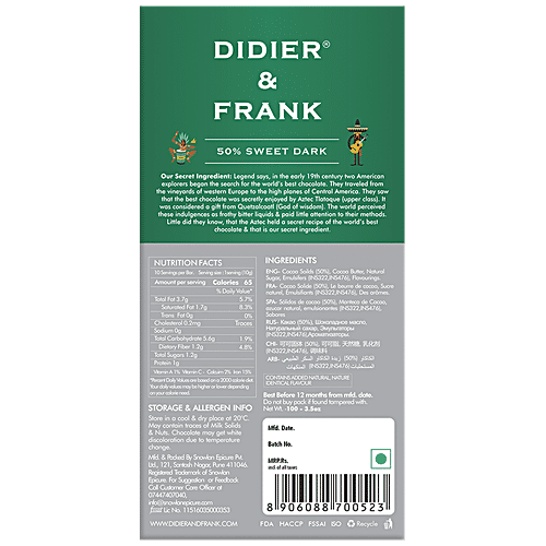 Didier & Frank  Sweet Dark 50% Dark Chocolate, 100 g  