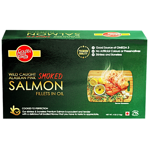 Golden Prize Smoked Pink Salmon Fillet - Wild Alaskan, In Oil, 115 g  Good Source of Omega 3, No Artificial Colours or Preservatives