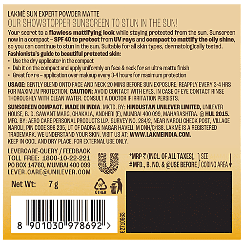 Lakme Sun Expert Ultra Matte SPF 40 Pa+++ Compact, 7 g  