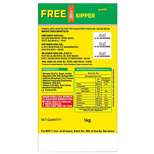 Dabur Glucoplus-C Instant Glucose - Juicy Lemon Flavour, 1 kg (Get Sipper Free) Energy Booster
