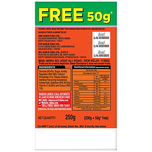 Dabur Glucoplus-C Instant Glucose - Juicy Orange Flavour, 250 g Energy Booster