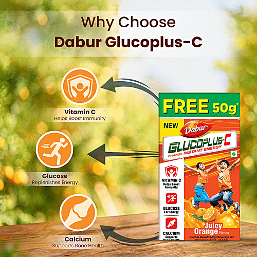 Dabur Glucoplus-C Instant Glucose - Juicy Orange Flavour, 250 g Energy Booster