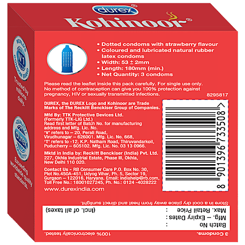 Durex Kohinoor Condoms - Juicy Strawberry, 3 pcs Coloured & Lubricated