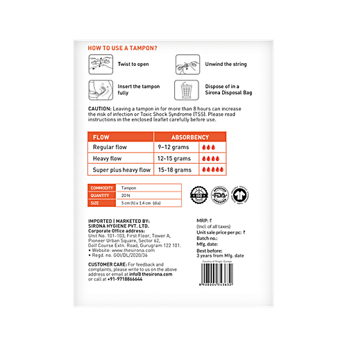 SIRONA Period Made Easy Tampons - 20 Piece | For Heavy Flow | Biodegradable Tampons | FDA Approved, 20 pcs  Prevent Staining & Odour