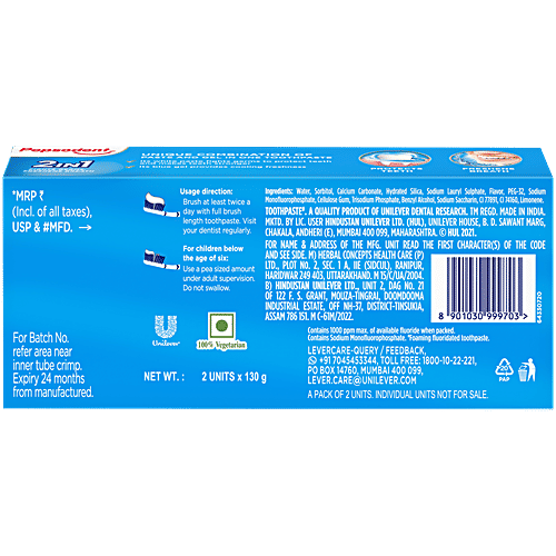 Pepsodent Toothpaste - Cavity Protection, 2-In-1, 130 g (Pack of 2) 