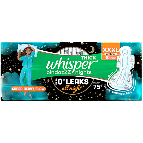 Whisper Bindazzz Nights Sanitary Pads - Wider Back, Up To 0% Leak, Provides All Night Protection, XXXL, 10 pcs  Up to 0% Leaks, All Night Long