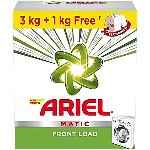 Ariel Matic Detergent Powder Front Load - For Washing Machines, 4 kg (Get 3 kg+1 kg Free) Remove Tough Stains, Oxi Stain Fighters