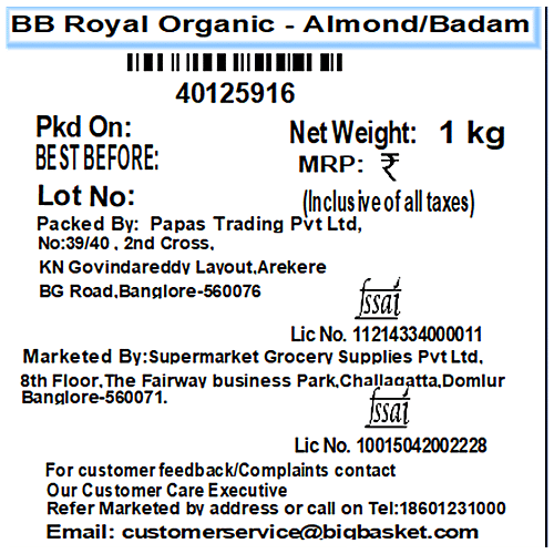 bb Royal Organic - Almond/Badam, 1 kg  