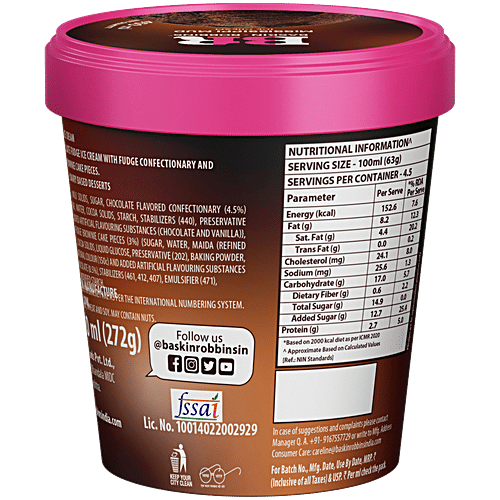 Baskin Robbins Ice Cream - Mississippi Mud, 450 ml  Delectable Chocolate Fudge
 Crunchy Brownie Pieces
 Fudge Ribbon