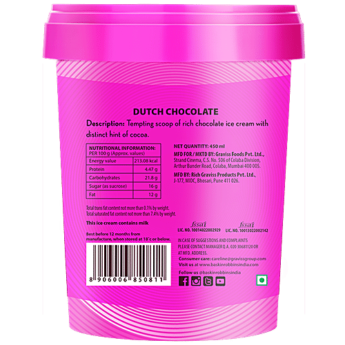 Baskin Robbins Premium Ice Cream - Dutch Chocolate, Made with Cow Milk, 450 ml Tub Tempting Scoop of Rich Chocolate
 Distinct Hint of Cocoa