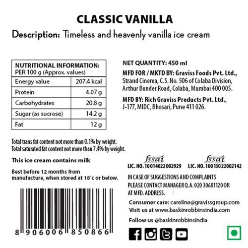 Baskin Robbins Ice Cream - Classic Vanilla, Made with Cow Milk, 450 ml  