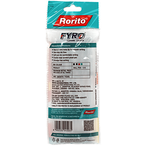 Rorito Fyro Ball Pens - 0.7 mm Meta Tip, Black, 5 pcs