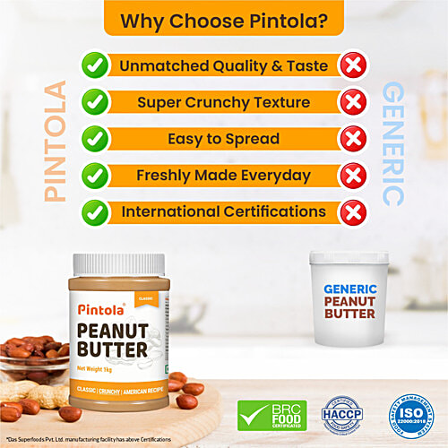 Pintola Peanut Butter - Crunchy, Classic, Original American Recipe, With 26g Protein, 2.5 kg  