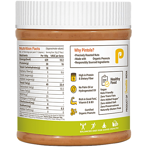 Pintola Peanut Butter - Organic, Unsweetened & Crunchy, With 30g Protein, 350 g  Organic Peanuts