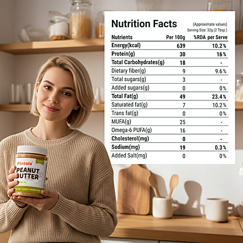 Pintola Peanut Butter - Organic, Unsweetened & Crunchy, With 30g Protein, 350 g  Organic Peanuts