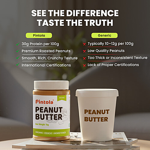 Pintola Peanut Butter - Organic, Unsweetened & Crunchy, With 30g Protein, 350 g  Organic Peanuts