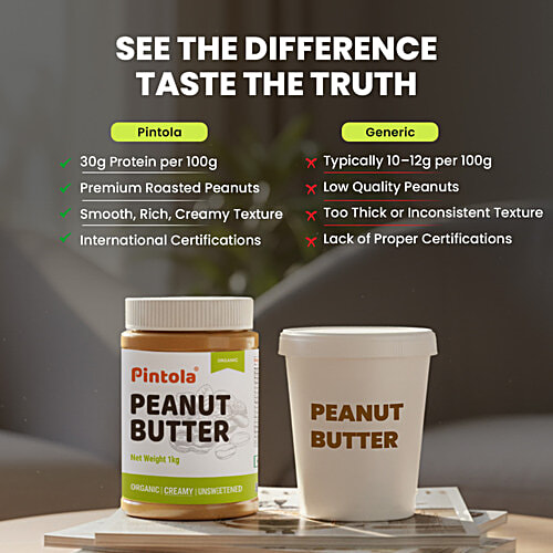 Pintola Peanut Butter - Organic, Unsweetened & Creamy, With 30g Protein, 1 kg  Organic & Natural
 High Protein
 Rich in Fibre
