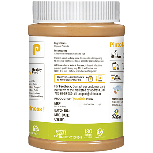 Pintola Peanut Butter - Organic, Unsweetened & Creamy, With 30g Protein, 1 kg  Organic & Natural
 High Protein
 Rich in Fibre