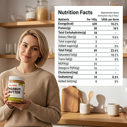 Pintola Peanut Butter - Organic, Unsweetened & Creamy, With 30g Protein, 1 kg  Organic & Natural
 High Protein
 Rich in Fibre