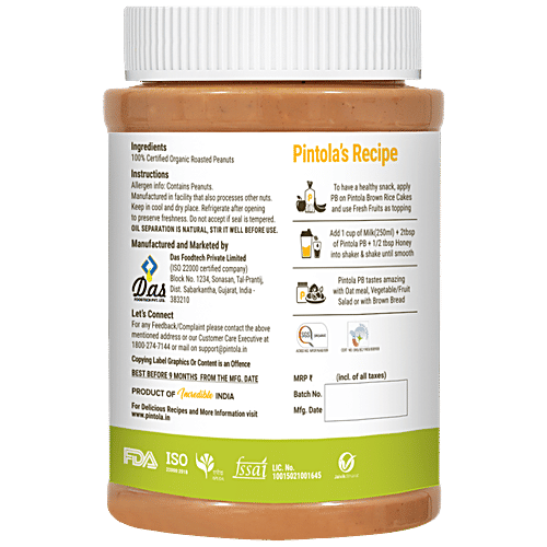 Pintola Organic Peanut Butter - Crunchy, Unsweetened, 100% Natural, 1 kg  