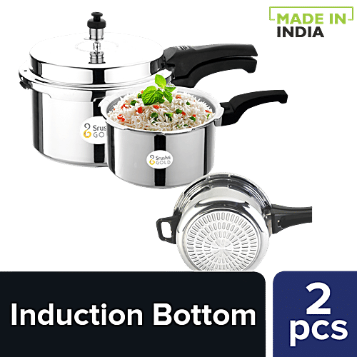 Srushti Gold Combo Outer Lid Induction Base Aluminum Pressure Cooker With Common Lid, 2 pcs (3 L + 2 L) 