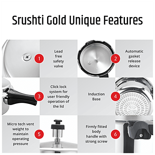 Srushti Gold Combo - Outer Lid Induction Base Aluminum Pressure Cooker With Common Lid, 3 pcs (5 L + 3 L + 2 L) 