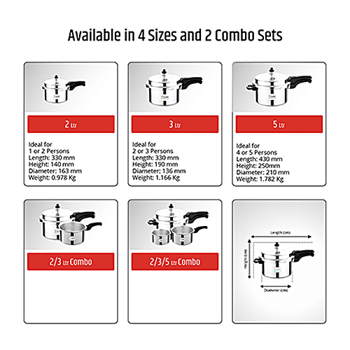 Srushti Gold Combo - Outer Lid Induction Base Aluminum Pressure Cooker With Common Lid, 3 pcs (5 L + 3 L + 2 L) 
