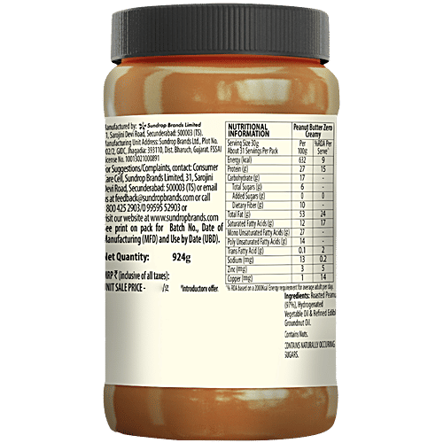 Sundrop Peanut Butter - Creamy, No Added Sugar & Salt, 924 g  